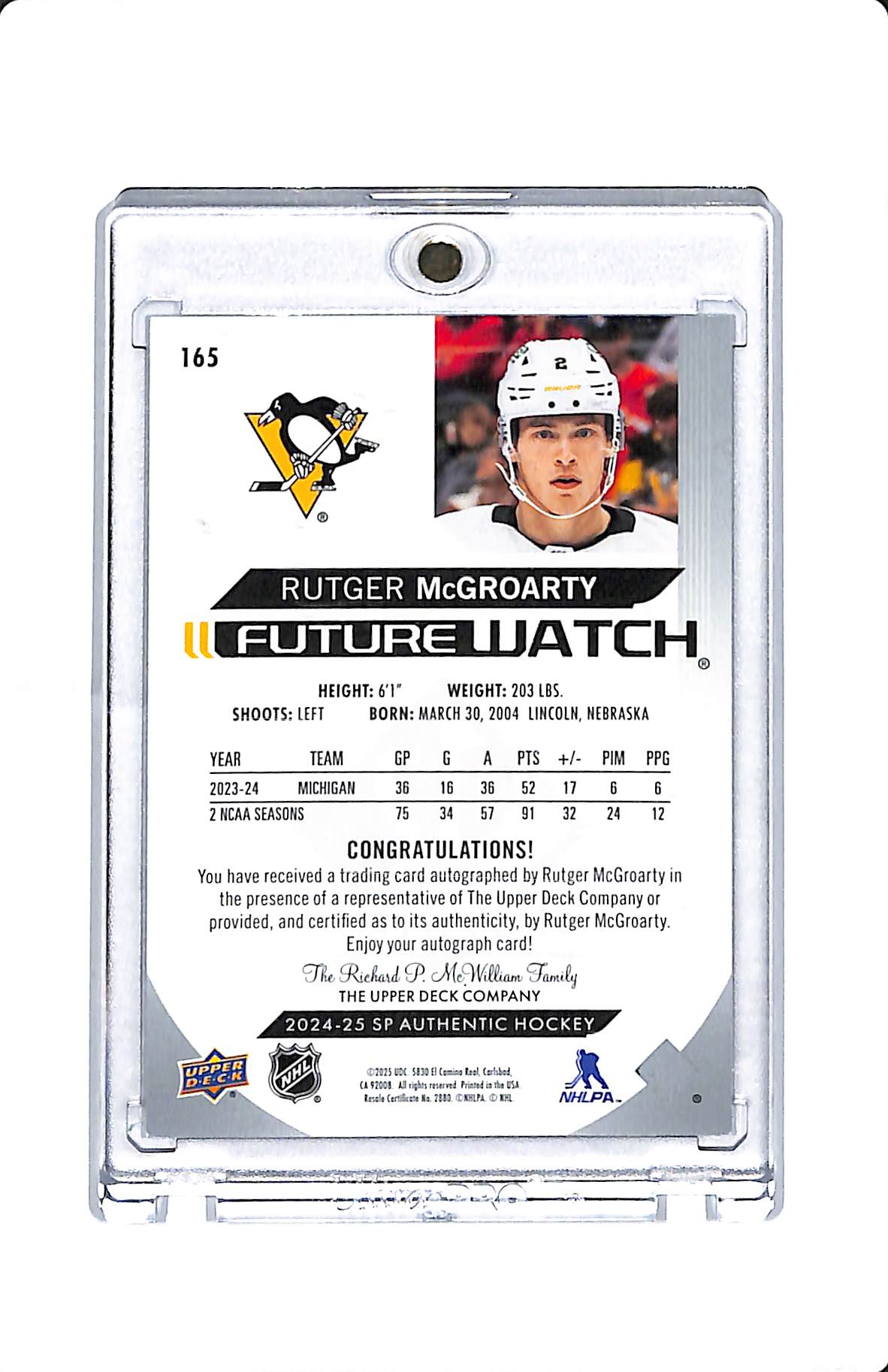 2024-25 UD SP AUTHENTIC RUTGER MCGROARTY FUTURE WATCH AUTO 560/999