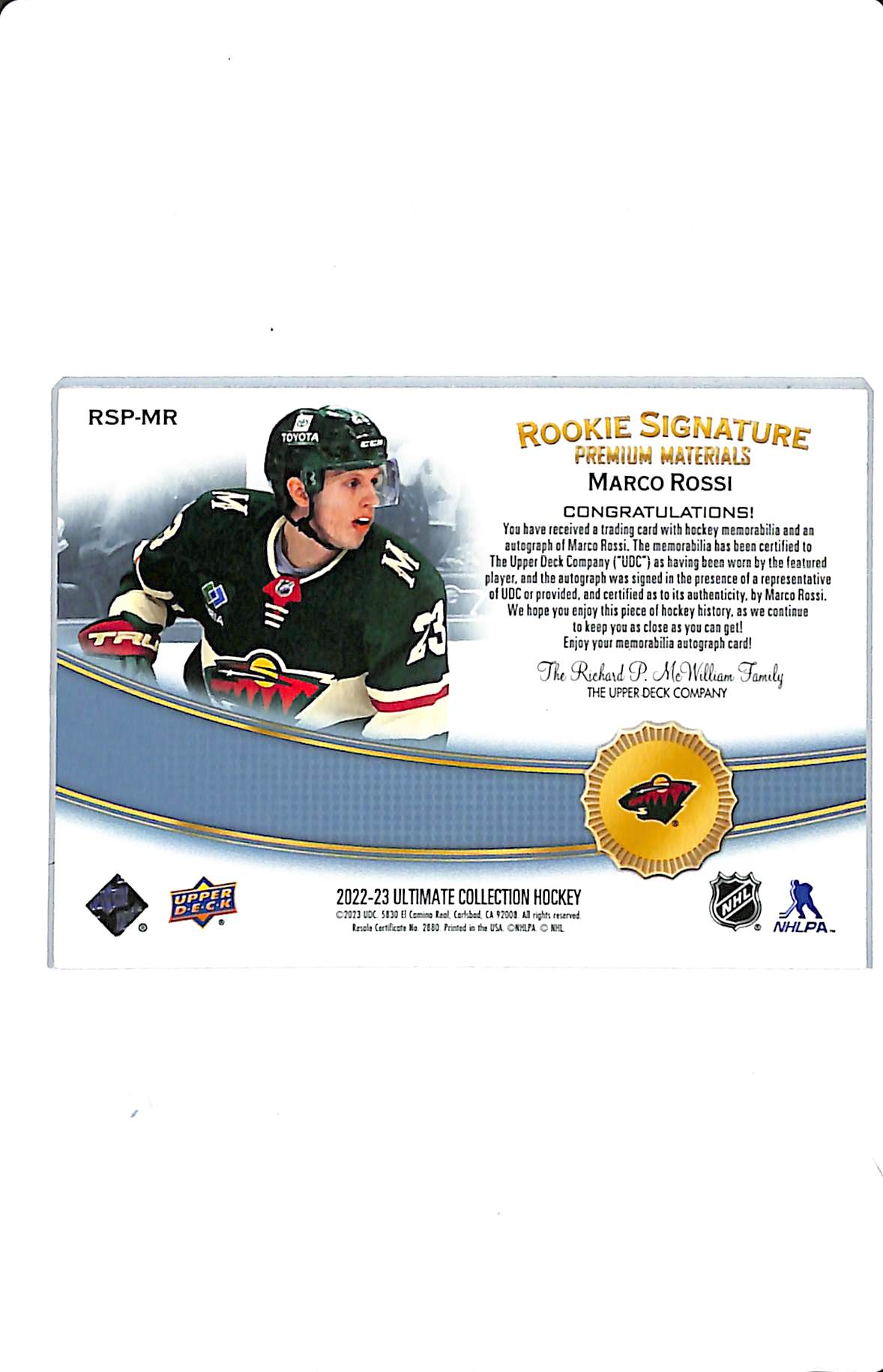 2022-23 UD ULTIMATE MARCO ROSSI ROOKIE SIGNATURE PREMIUM MATERIALS /35 RSP-MR