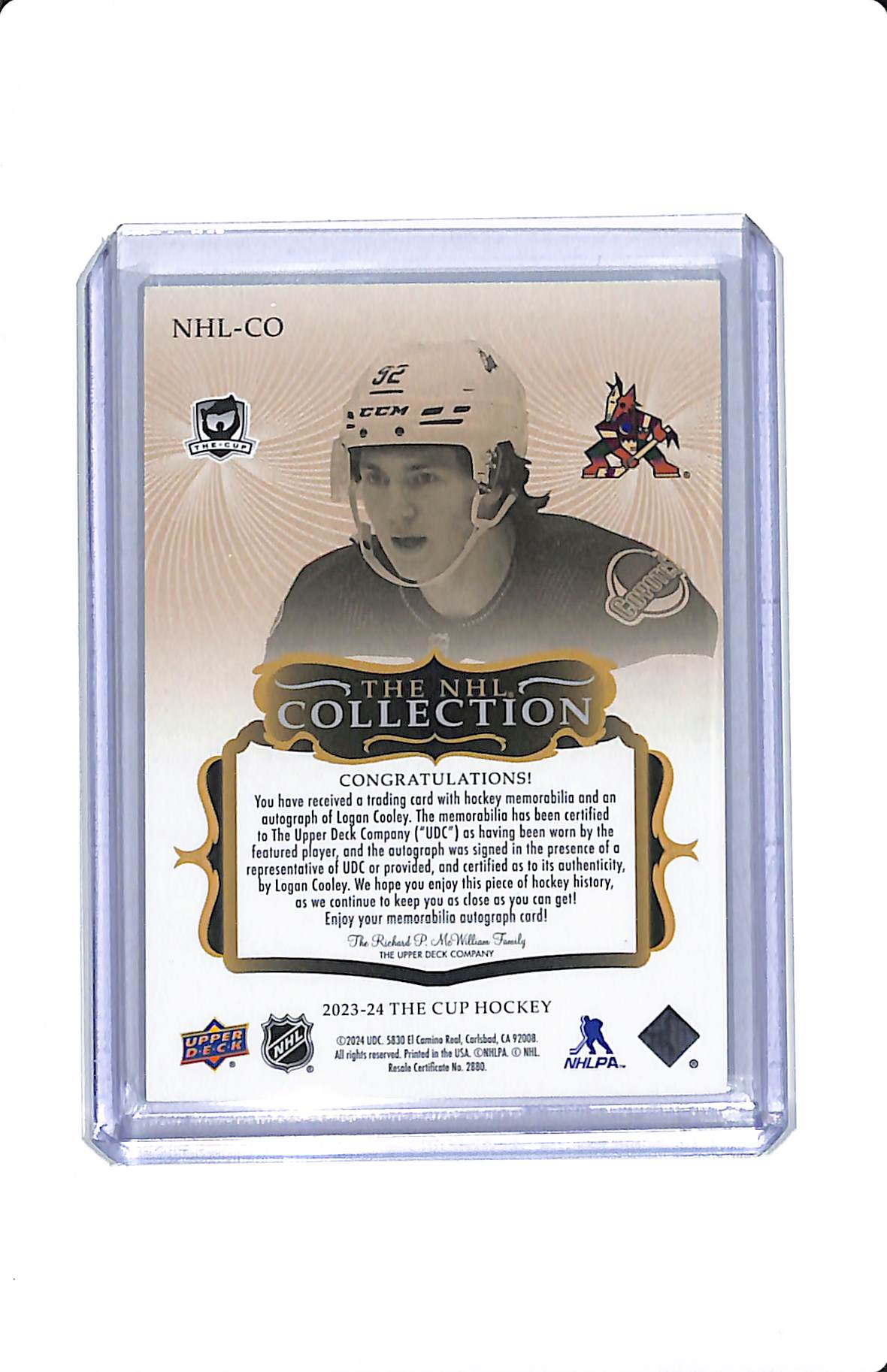 2023-24 THE CUP THE NHL COLLECTION LOGAN COOLEY PATCH AUTO 21/35