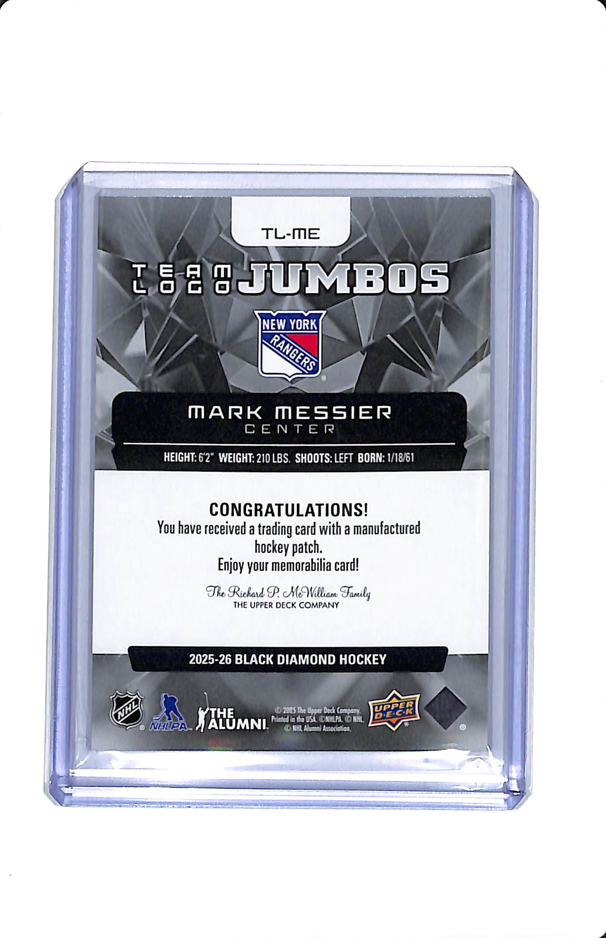 2025-26 UD BLACK DIAMOND TEAM LOGO JUMBOS MARK MESSIER