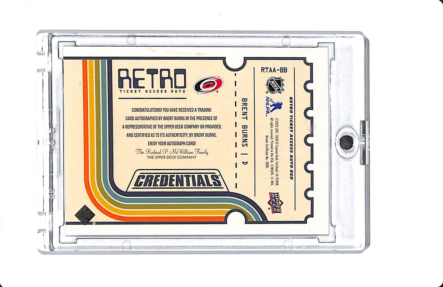 2023 UD CREDENTIALS RETRO TICKET ACCESS AUTO RED BRENT BURNS 05/10