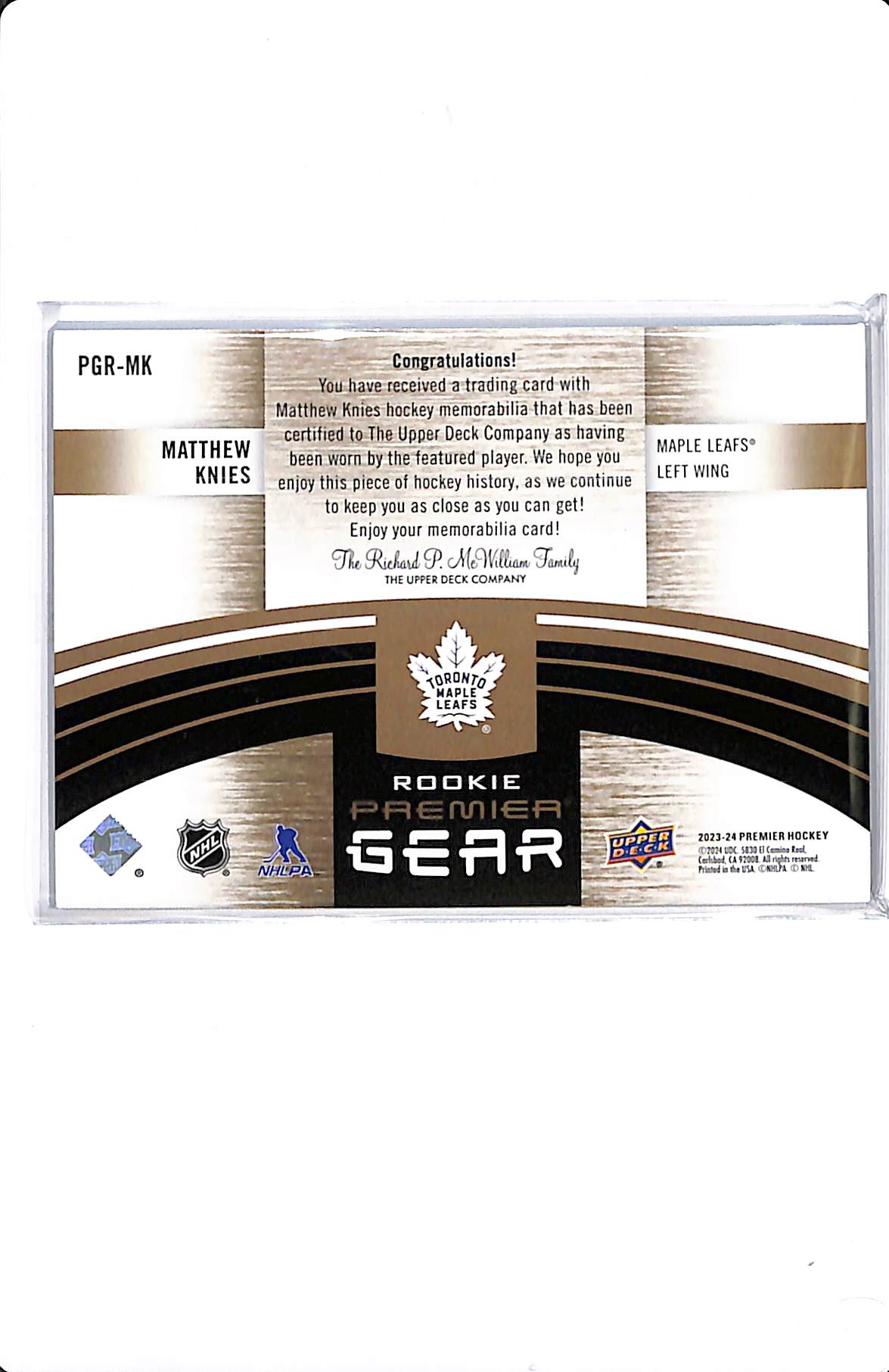 2023-24 UPPER DECK PREMIER MATTHEW KNIES ROOKIE GEAR #PGR-MK /25