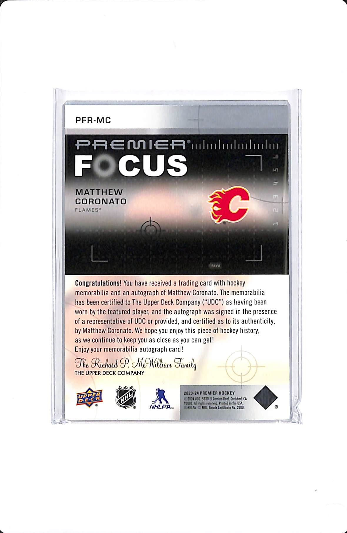 2023-24 UPPER DECK PREMIER MATT CORONATO PREMIER FOCUS PATCH AUTO #PFR-MC /175
