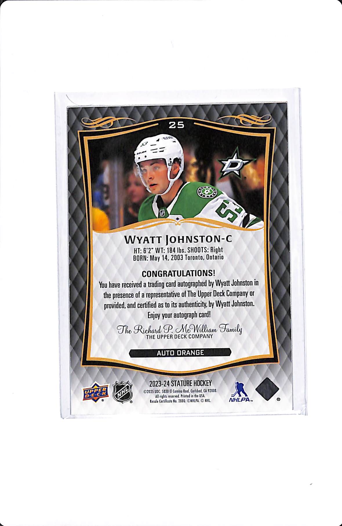 2023-24 UPPER DECK STATURE WYATT JOHNSTON ORANGE AUTO #25 /50