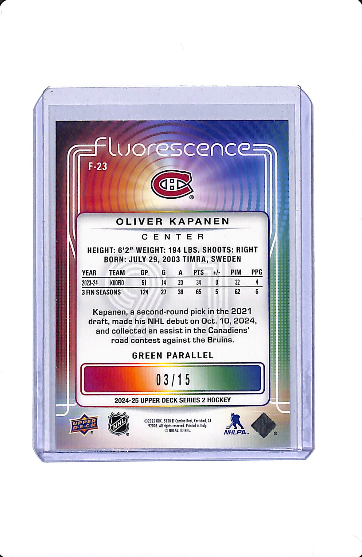 2024-25 UPPER DECK SERIES 2 FLUORESCENCE GREEN PARALLEL OLIVER KAPANEN 03/15 #F-23