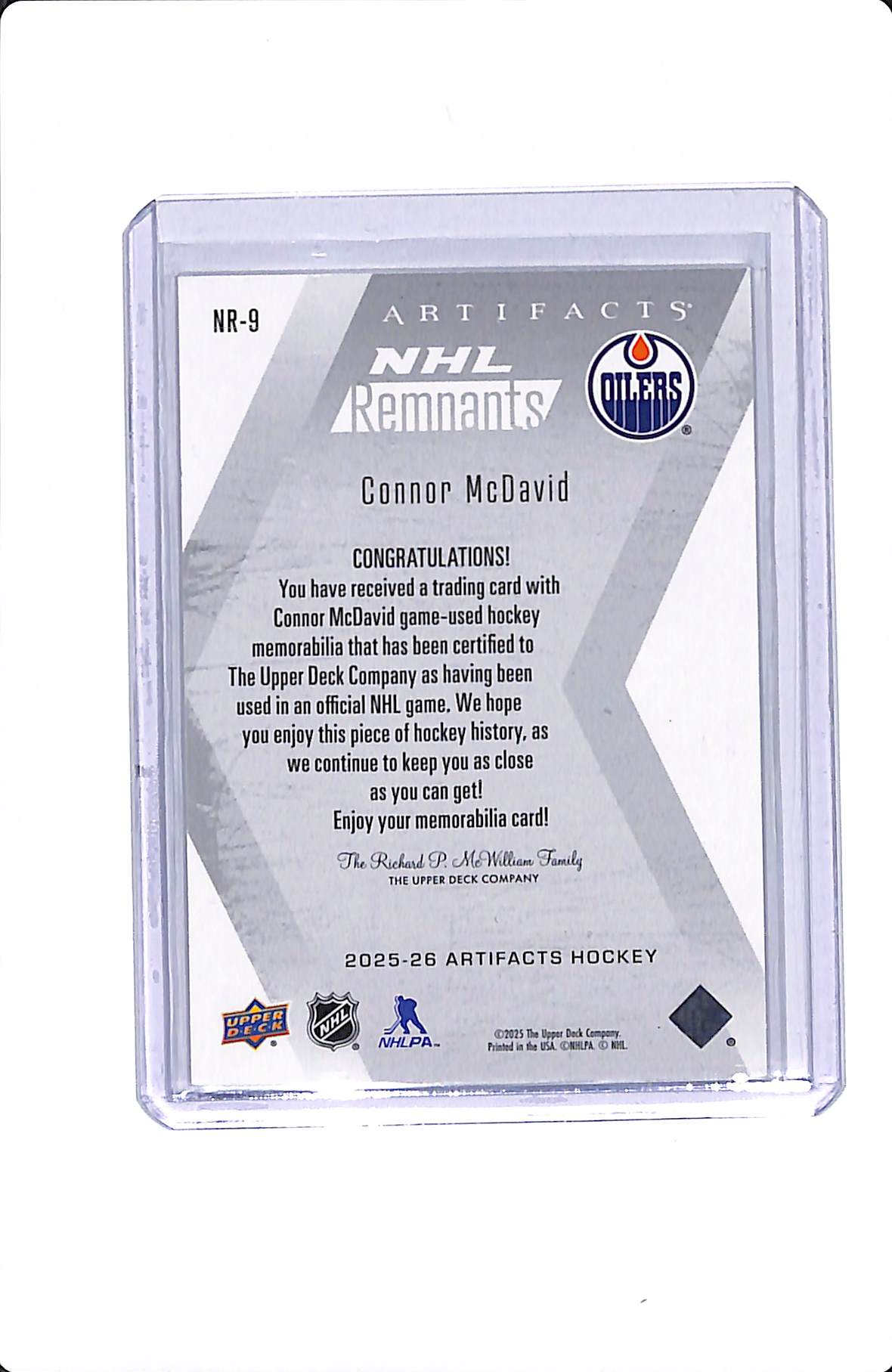 2025-26 UD ARTIFACTS CONOR MCDAVID NHL REMNANTS JERSEY #NR-9