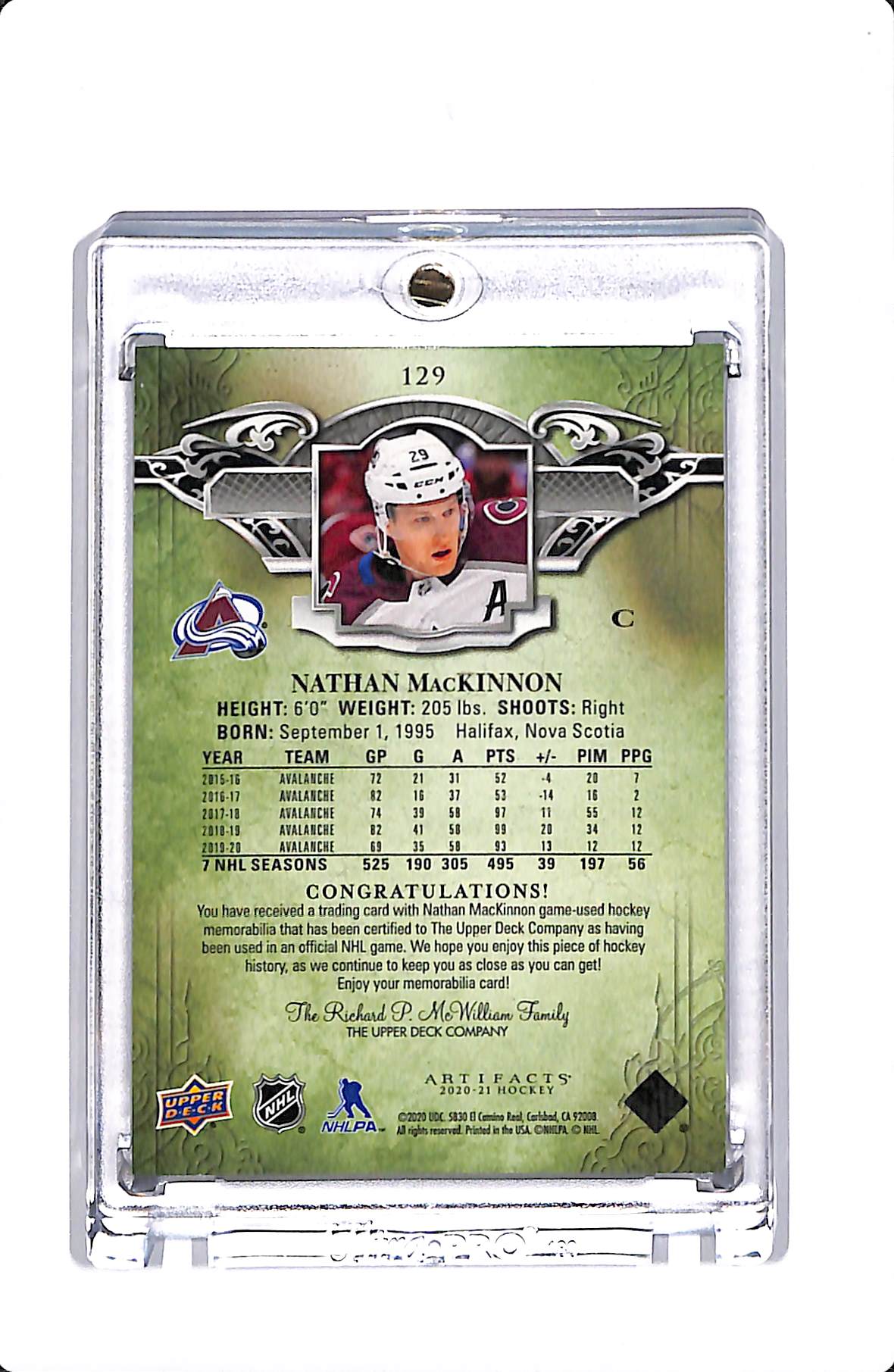 2020-21 UPPER DECK ARTIFACTS NATHAN MACKINNON DUAL PATCH /15 #129