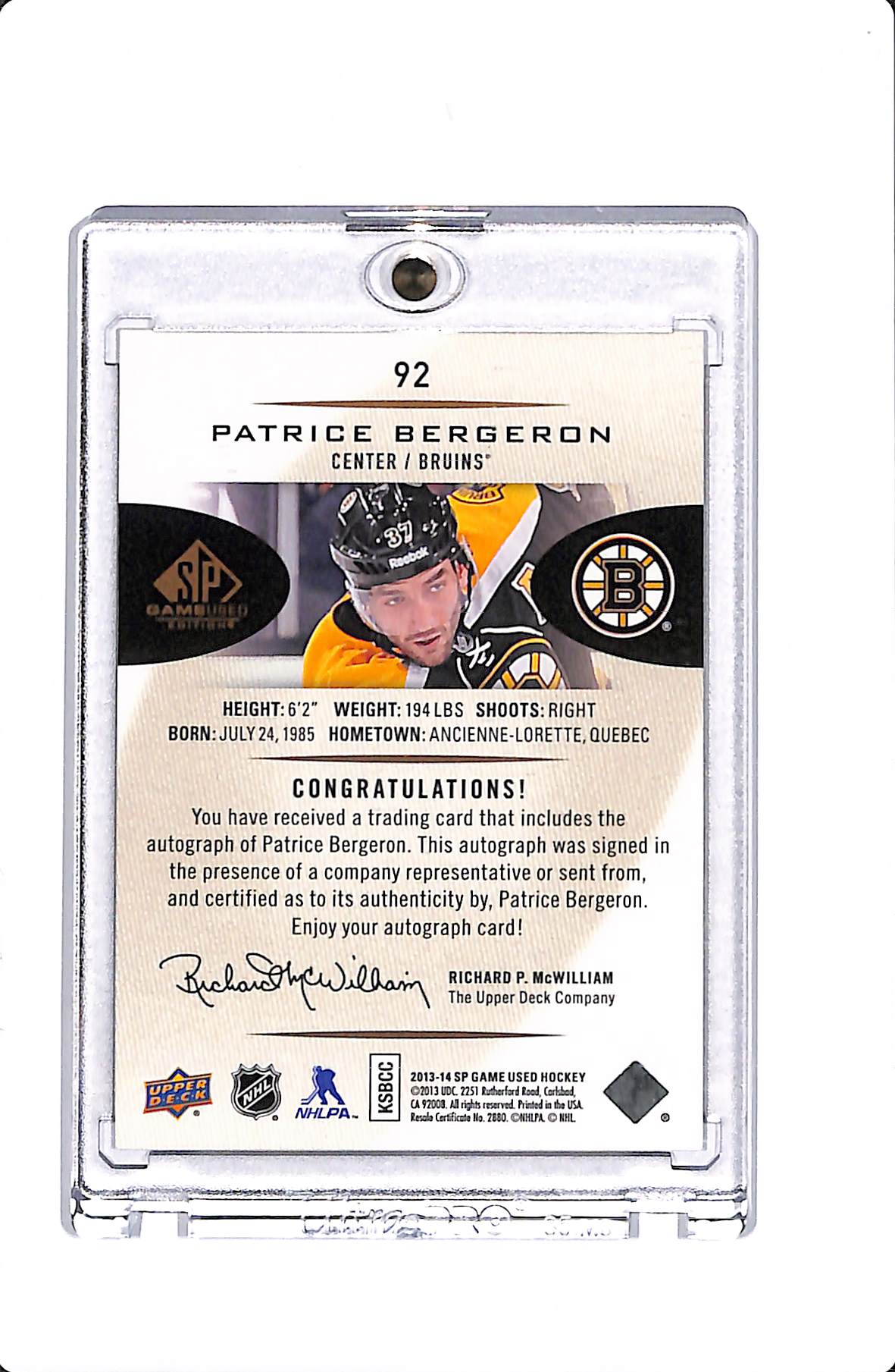 2013-14 UPPER DECK SP GAME USED PATRICE BERGERON AUTOGRAPH #92