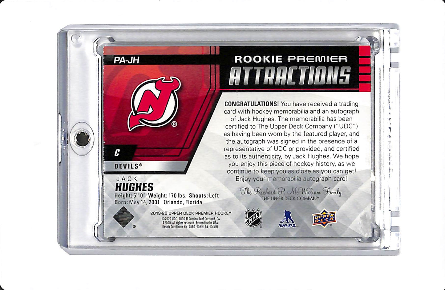 2019-20 UD PREMIER JACK HUGHES ROOKIE PREMIER ATTRACTIONS AUTO PATCH /49 #PA-JH