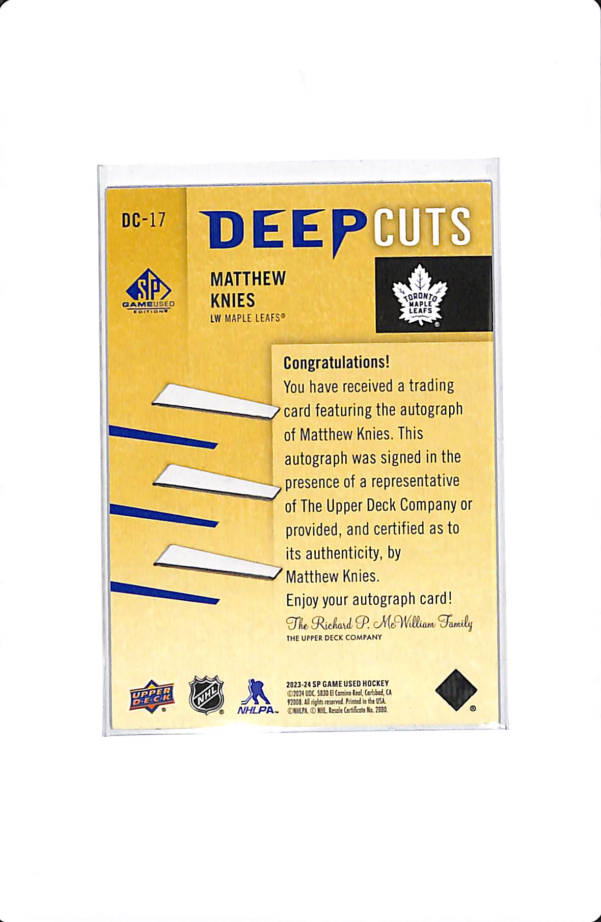 2023-24 SP GAME USED MATTHEW KNIES DEEP CUTS AUTO /75 #DC-17