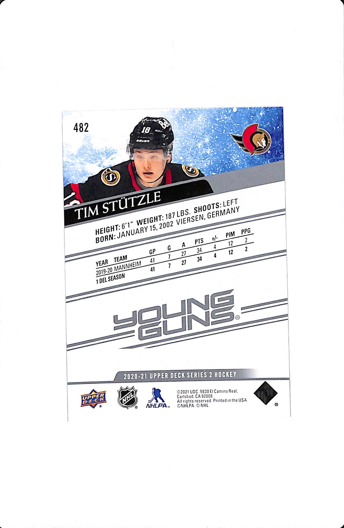 2020-21 UPPER DECK SERIES 2 TIM STUTZLE YOUNG GUNS #482