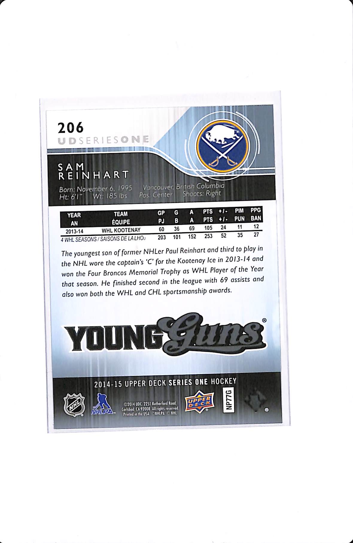 2014-15 UPPER DECK SERIES ONE SAM REINHART YOUNG GUNS #206