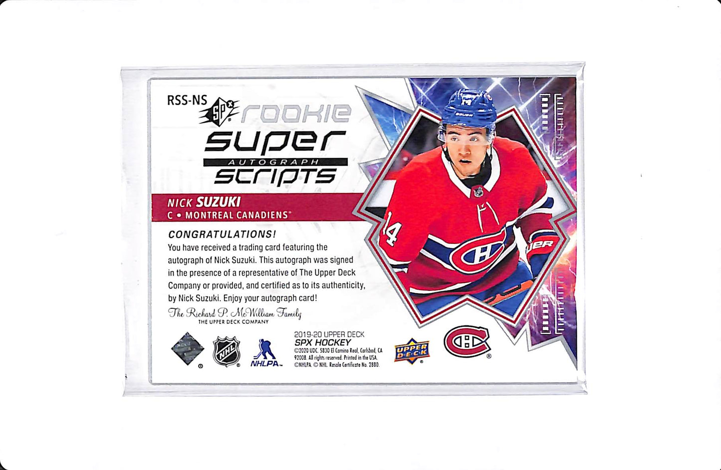 2019-20 UPPER DECK SPX NICK SUZUKI ROOKIE SUPER SCRIPTS AUTO #RSS-NS