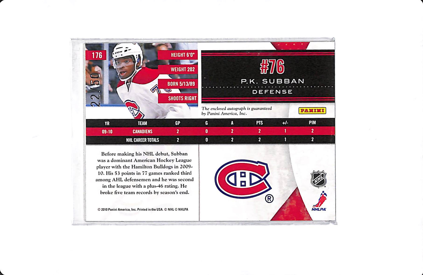 2010 PANINI LIMITED P.K. SUBBAN PHENOMS MANUFACTURED LOGO PATCH AUTO /50 #176