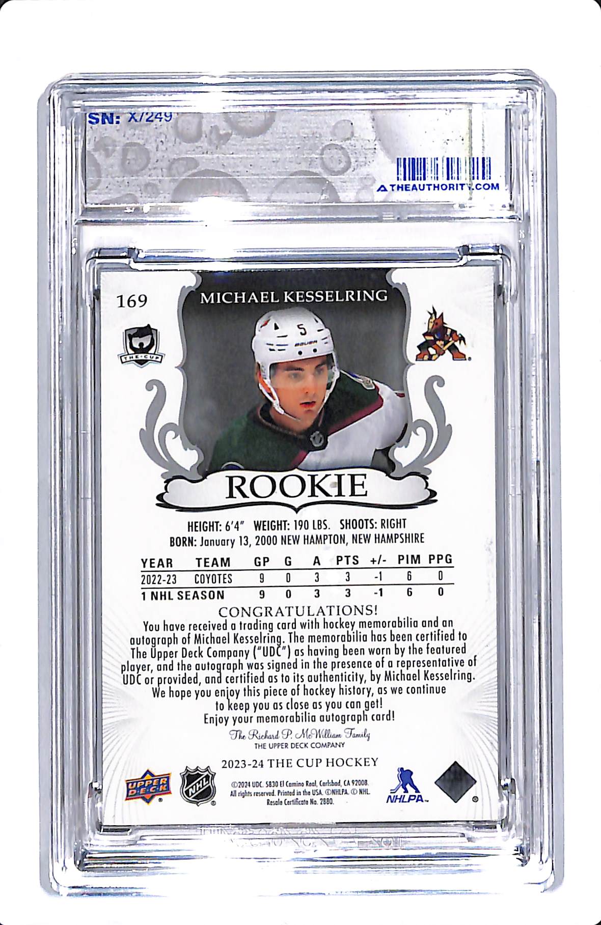 2023-24 UPPER DECK THE CUP MICHAEL KESSELRING ROOKIE AUTO PATCH /249 #169