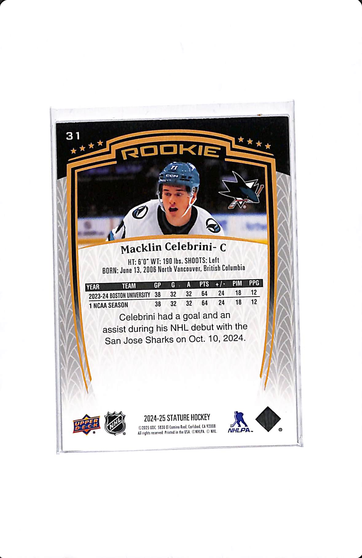 2024-25 UPPER DECK STATURE MACKLIN CELEBRINI ROOKIE /999 #31