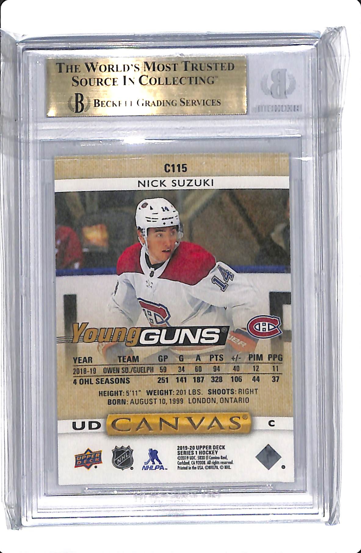 2019-20 UPPER DECK SERIES 1 NICK SUZUKI YOUNG GUNS CANVAS BGS 9.5 #C115