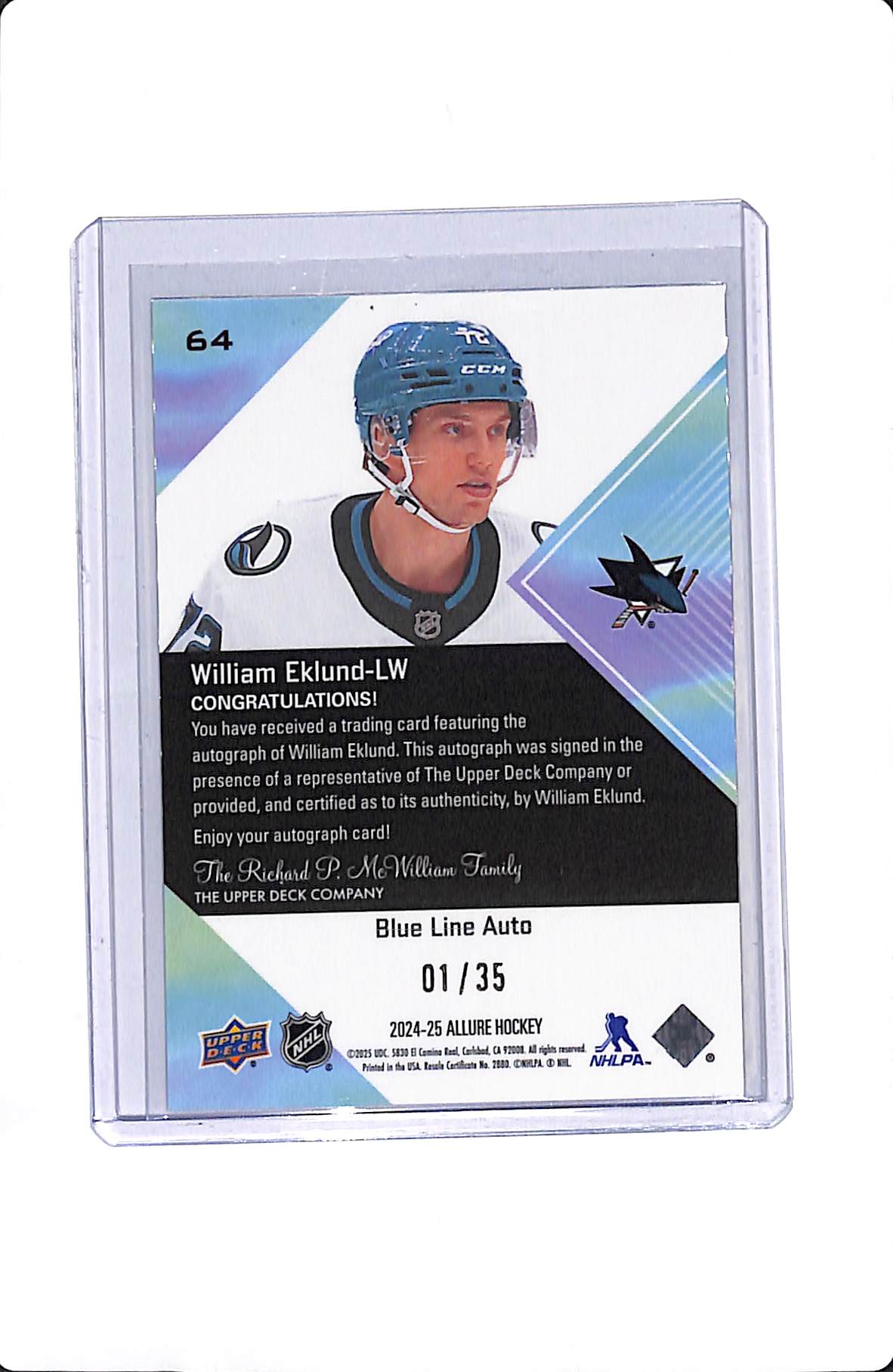2024-25 UPPER DECK ALLURE WILLIAM EKLUND BLUE LINE AUTO 1/35 #64