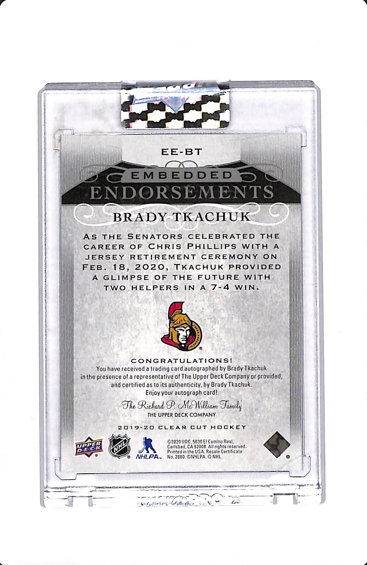 2019-20 UD CLEAR CUT EMBEDDED ENDORSEMENTS BRADY TKACHUK AUTO 96/99 #EE-BT