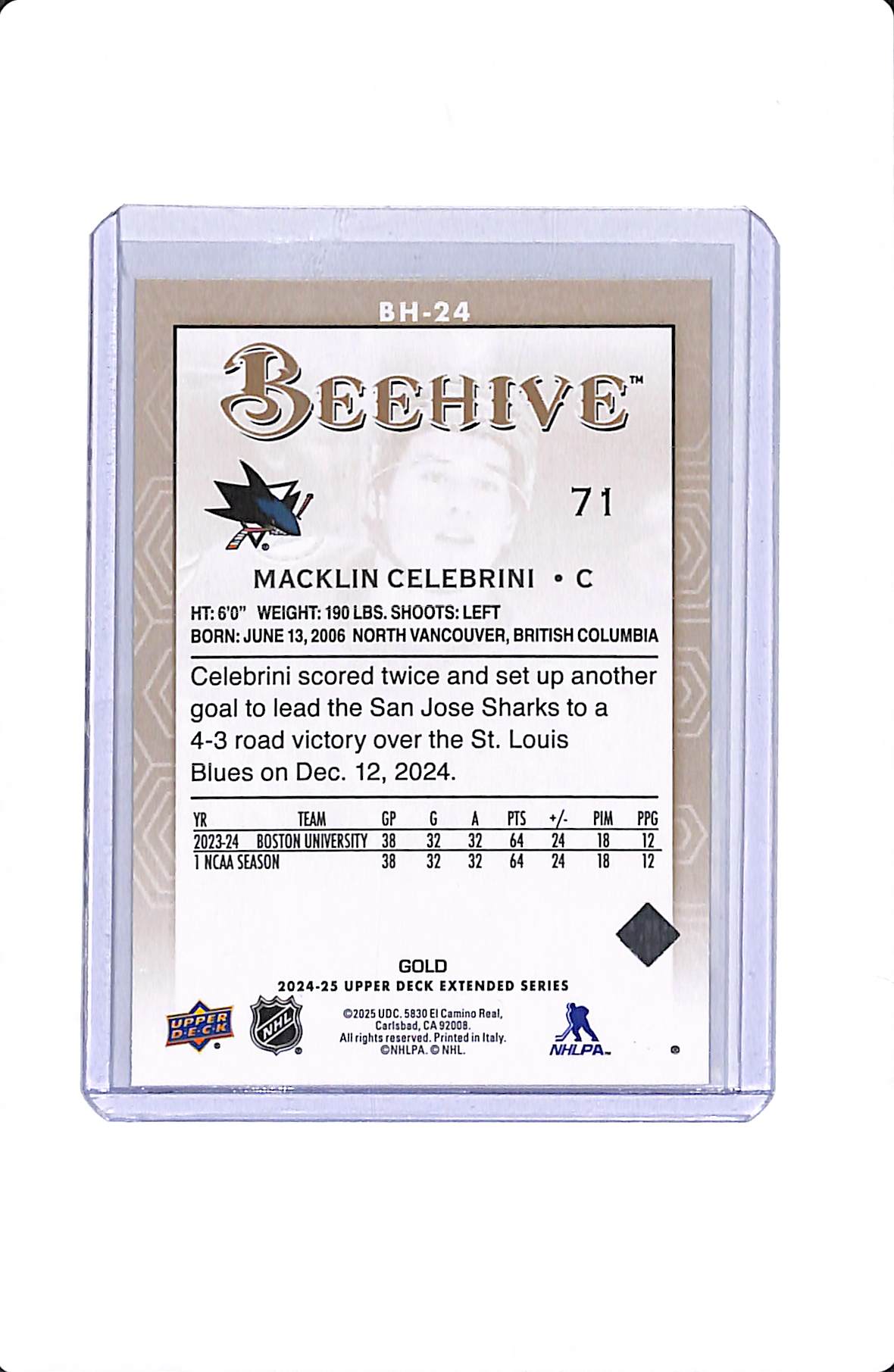 2024-25 UPPER DECK EXTENDED SERIES MACKLIN CELEBRINI BEE HIVE GOLD #BH24
