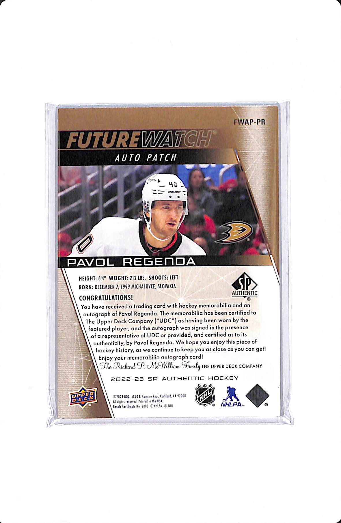 2022-23 UPPER DECK SP AUTHENTIC PAVOL REGENDA FUTURE WATCH AUTO PATCH /100 #FWAP-PR