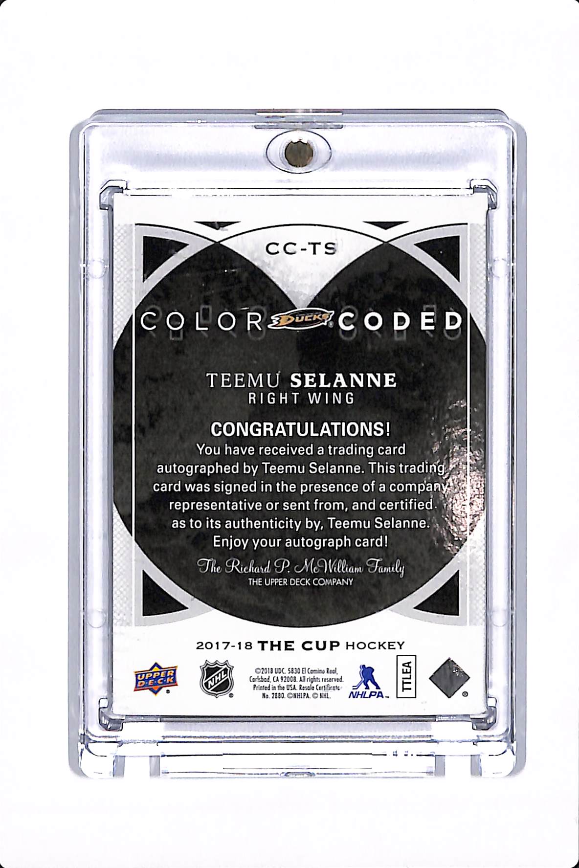 2017-18 UPPER DECK THE CUP TEEMU SELANNE COLOR CODED AUTO /33 #CC-TS
