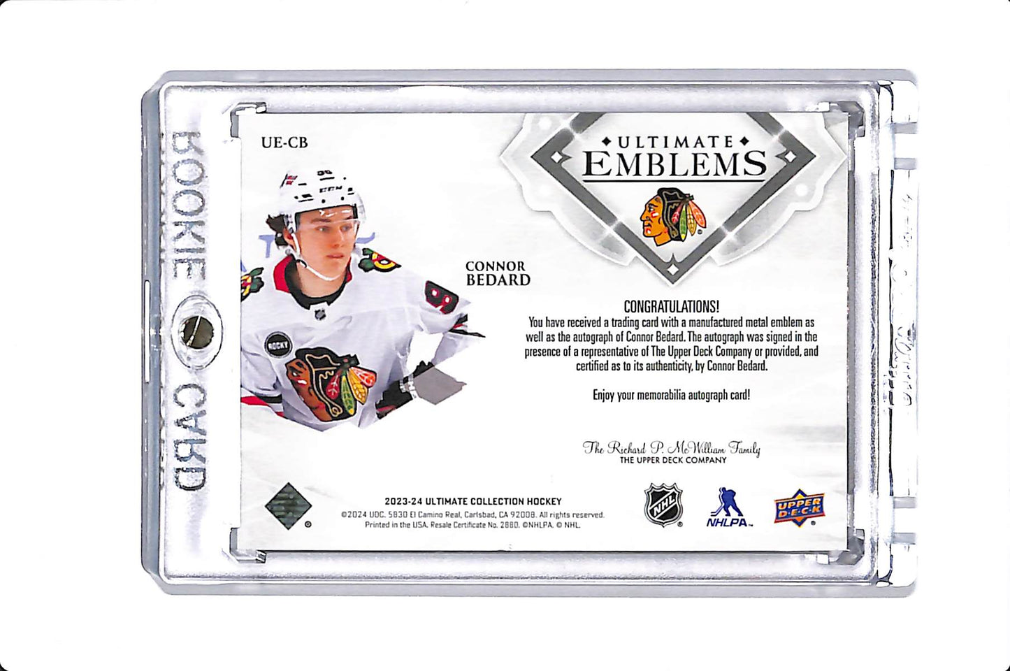 2023-24 UPPER DECK ULTIMATE CONNOR BEDARD ULTIMATE EMBLEMS ROOKIE AUTO #UE-CB
