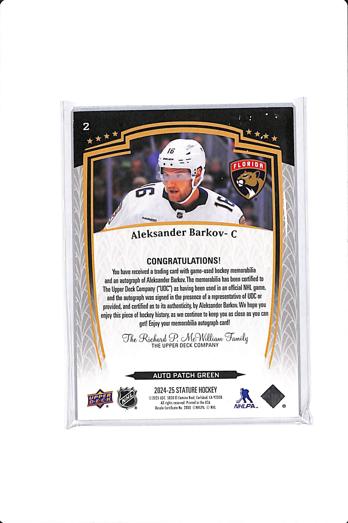 2024-25 UPPER DECK STATURE ALEKSANDER BARKOV PATCH AUTO GREEN /35 #2