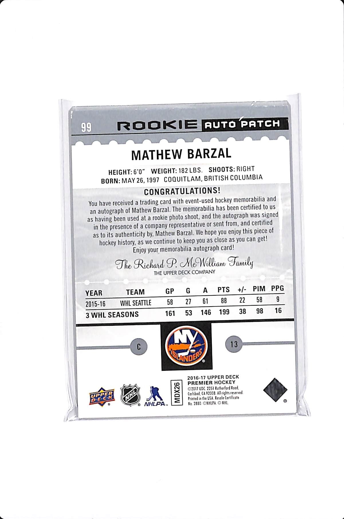 2016-17 UPPER DECK PREMIER MATTHEW BARZAL ROOKIE AUTO PATCH /299 #99