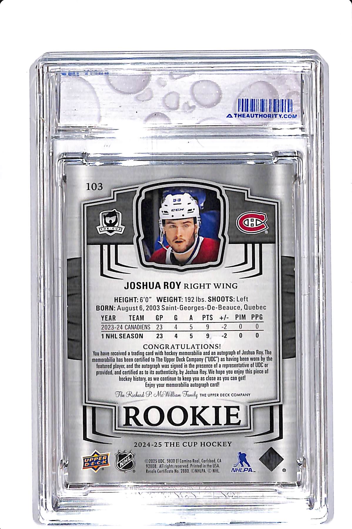 2024-25 UPPER DECK THE CUP JOSHUA ROY ROOKIE AUTO PATCH /249 #103