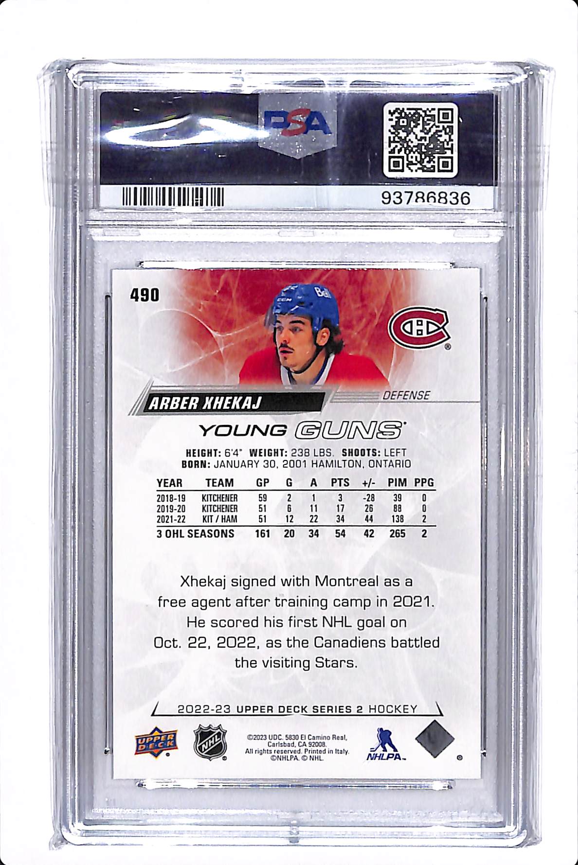 2022-2023 UPPER DECK ARBER XHEKAJ YOUNG GUNS PSA 10 #490