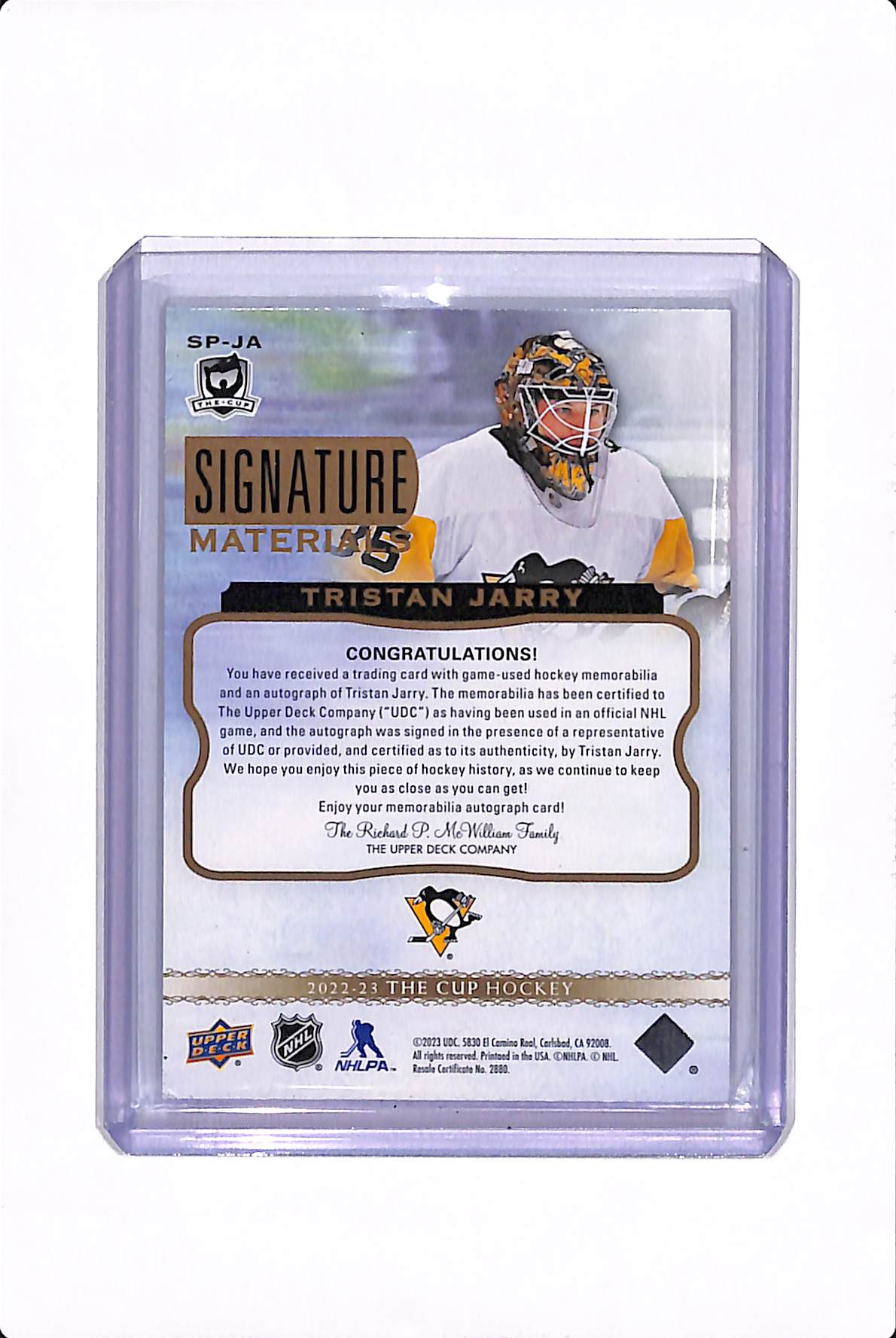 2022-23 UPPER DECK THE CUP HOCKEY TRISTAN JARRY SIGNATURE MATERIALS /99 #SP-JA