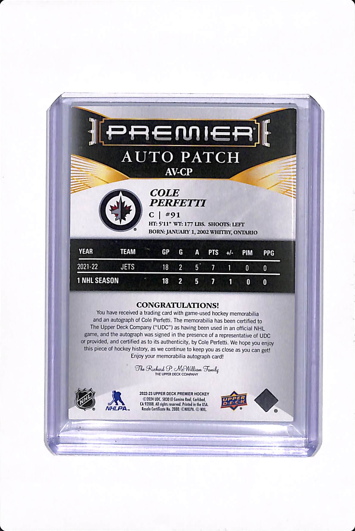 2022-23 UPPER DECK PREMIER COLE PERFETTI AUTO PATCH /35 #AV-CP