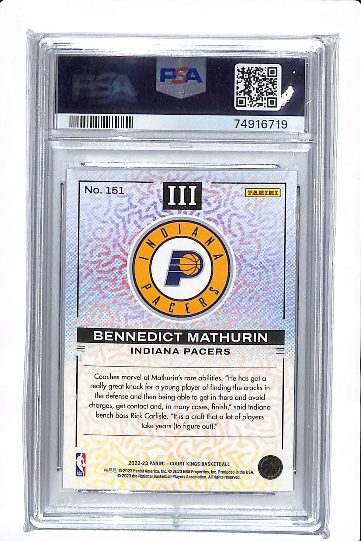 2022 PANINI COURT KINGS BENEDICT MATHURIN ROOKIES III PSA 10 #151