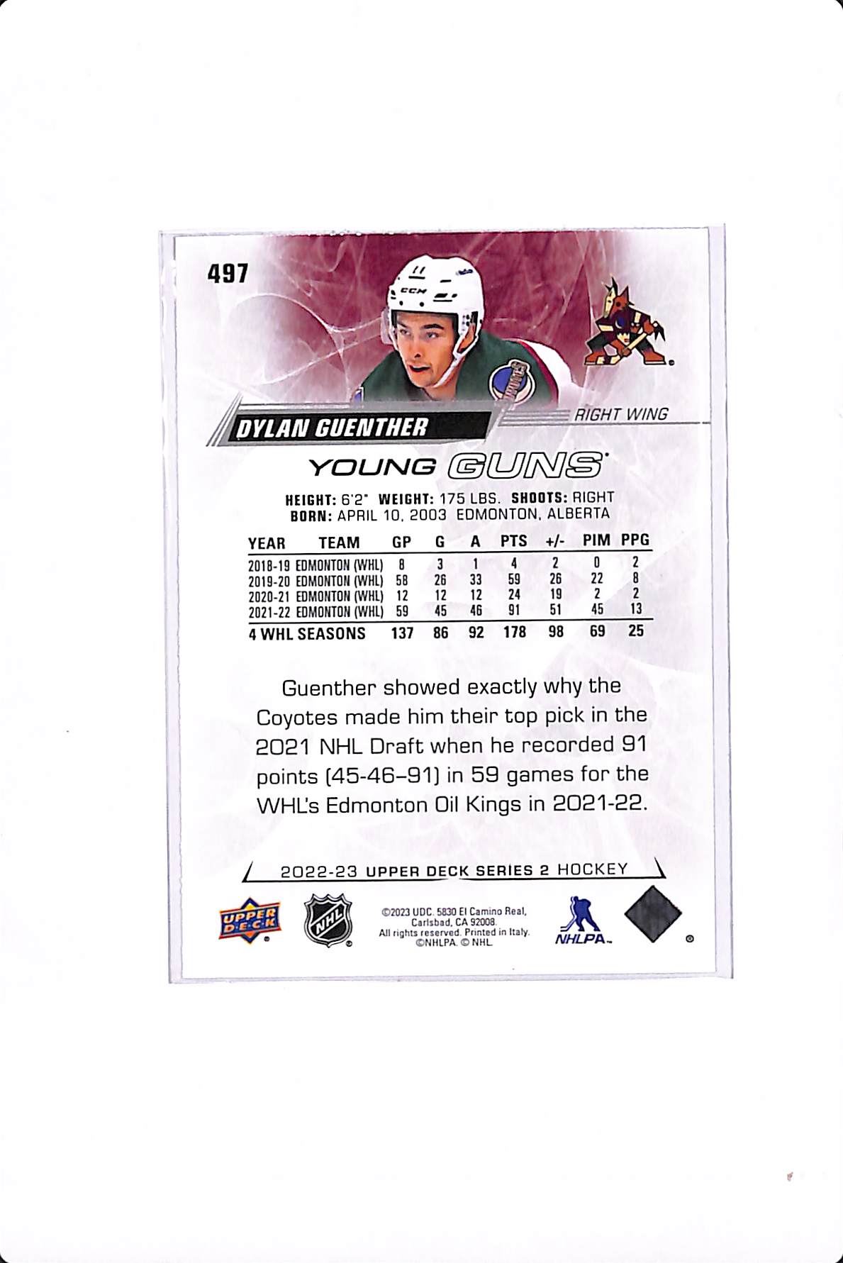 2022-23 UPPER DECK SERIES 2 DYLAN GUENTHER YOUNG GUNS #497