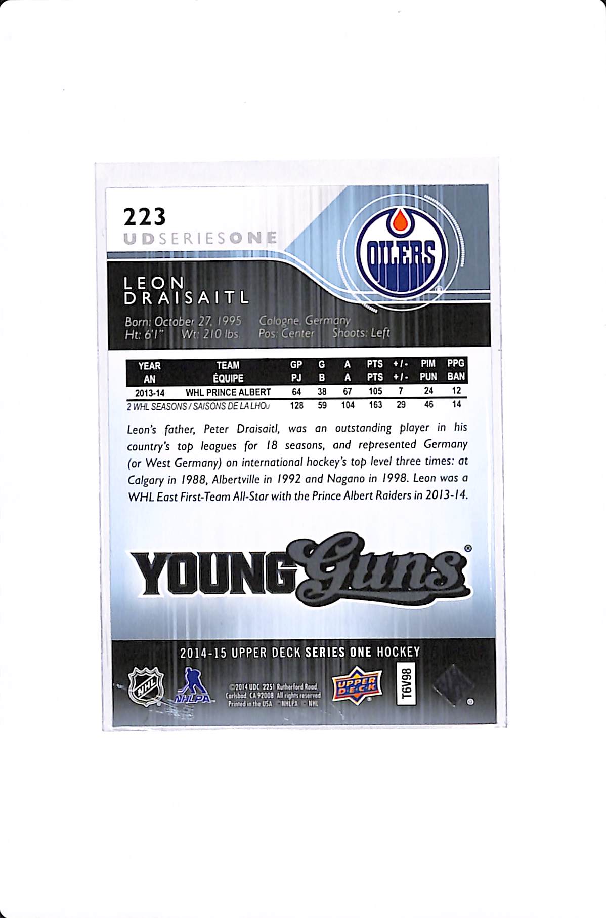 2014-15 UPPER DECK SERIES 1 LEON DRAISAITL YUONG GUNS #223