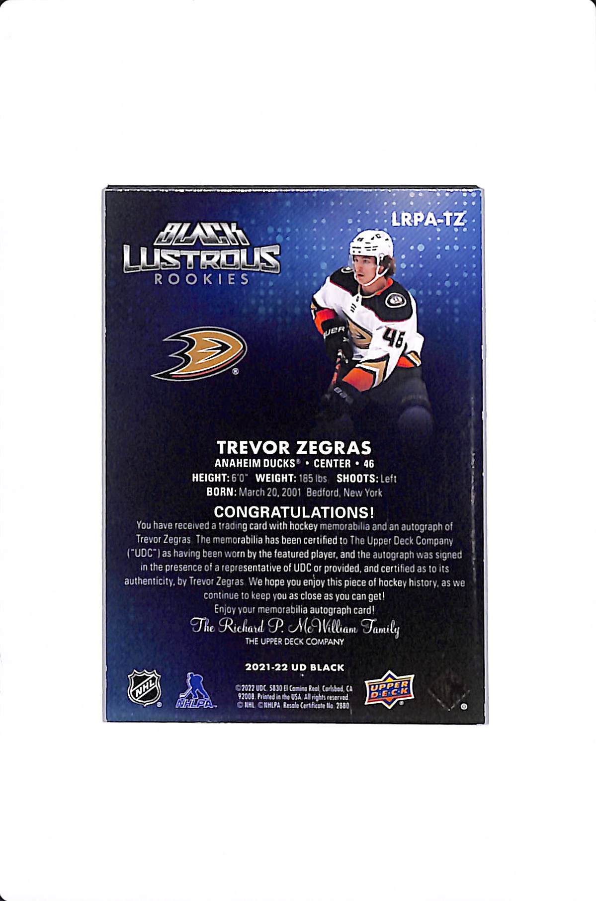 2021-22 UPPER DECK BLACK TREVOR ZEGRAS LUSTROUS ROOKIES PATCH AUTO /75 #LRPA-TZ