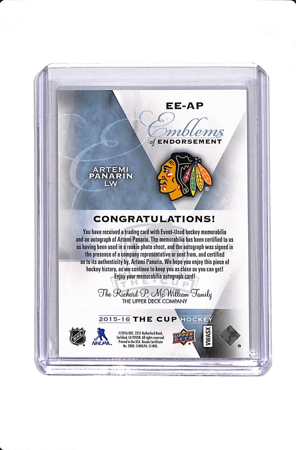 2015-16 UPPER DECK THE CUP ARTEMI PANARIN EMBLEMS OF ENDORSEMENT ROOKIE /15 #EE-AP