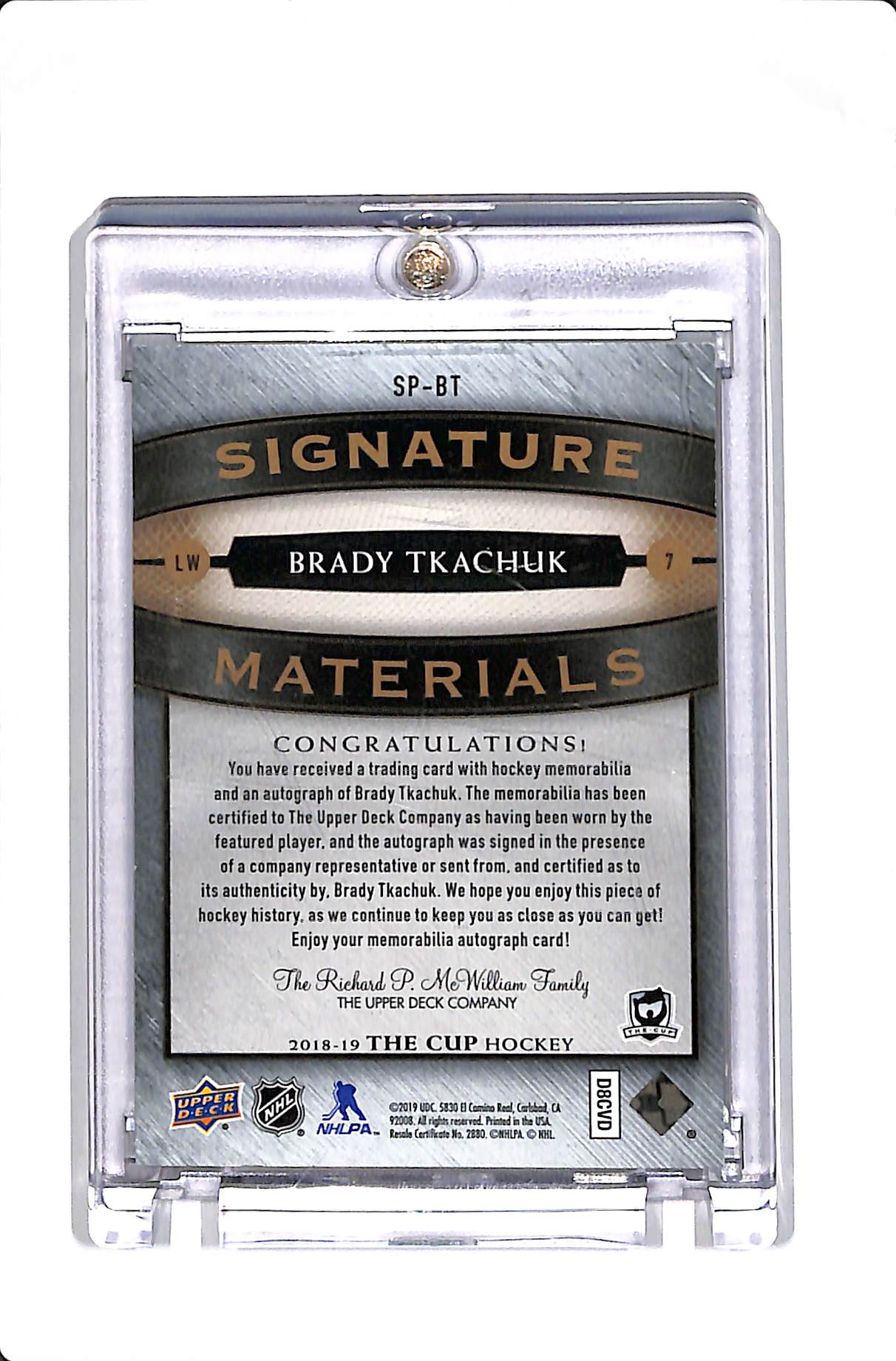 2018-19 UPPER DECK THE CUP BRADY TKACHUK SIGNATURE MATERIALS /99 #SP-BT