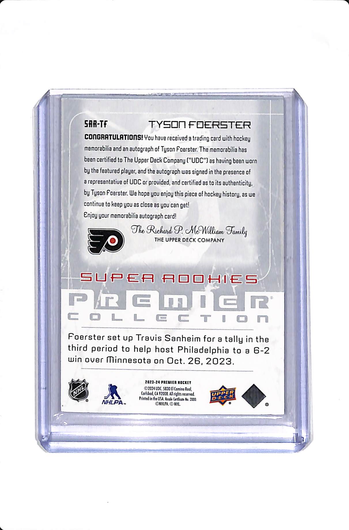 2023-24 UPPER DECK PREMIER TYSON FOERSTER SUPER ROOKIES PATCH AUTO /99 #SAA-TF