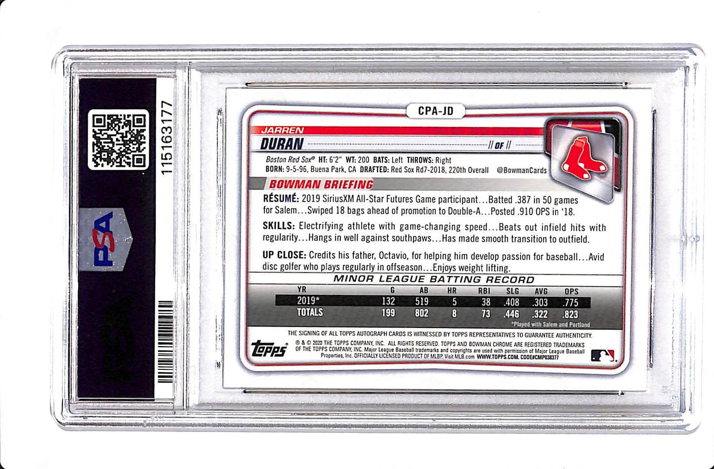 2020 BOWMAN CHROME JARREN DURAN SPECKLE REFRACTOR AUTO 075/299 PSA 10 #CPAJD