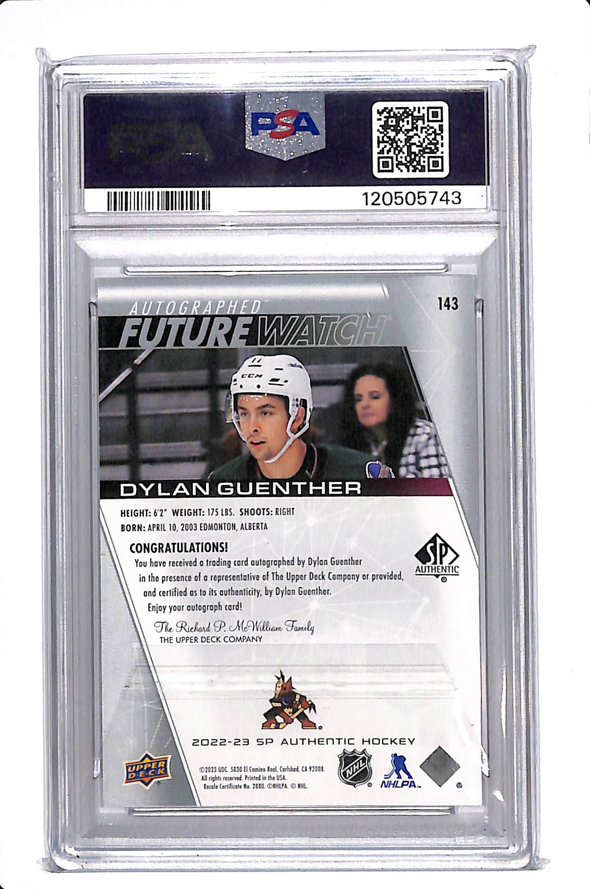 2022-23 UPPER DECK SP AUTHENTIC DYLAN GUENTHER FUTURE WATCH AUTO /999 PSA 9 #143