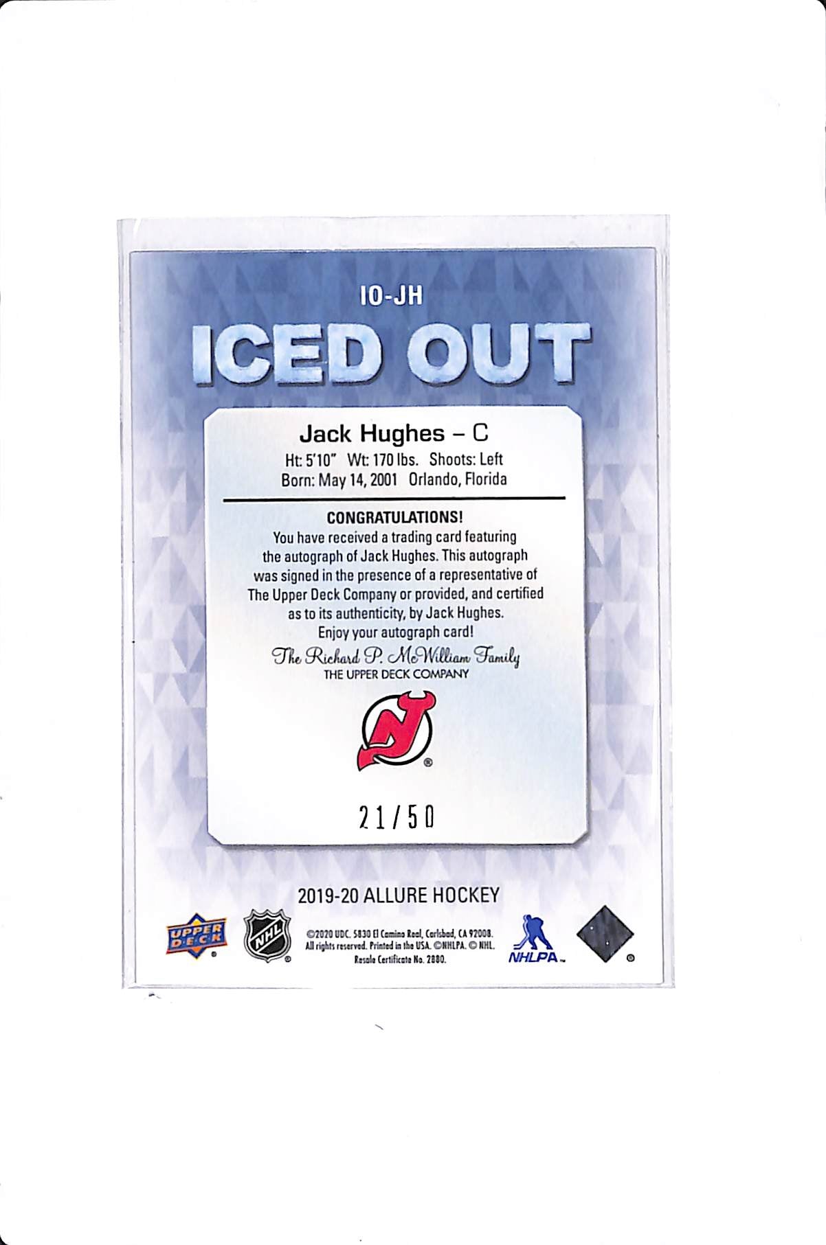 2019-20 UPPER DECK ALLURE JACK HUGHES ICED OUT AUTO /50 #IO-JH
