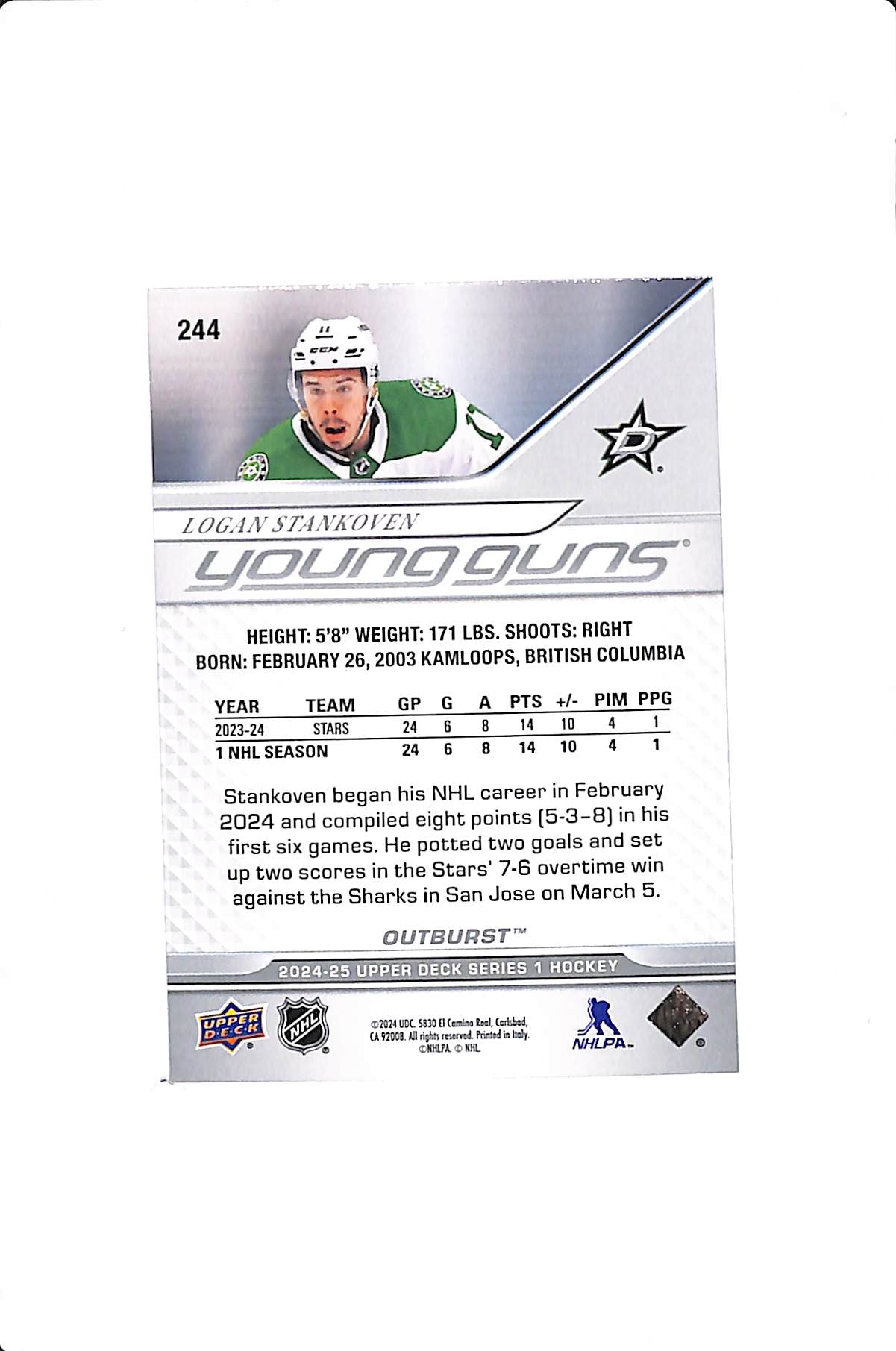 2024-25 UPPER DECK SERIES 1 LOGAN STANKOVEN YOUNG GUNS OUTBURST #244