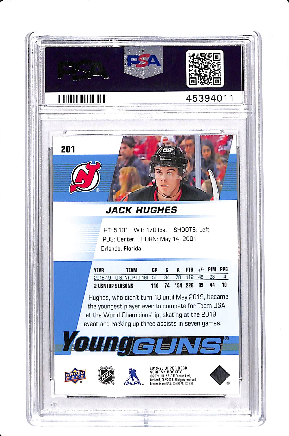 2019-20 UPPER DECK SERIES 1 JACK HUGHES YOUNG GUNS PSA 10 #201