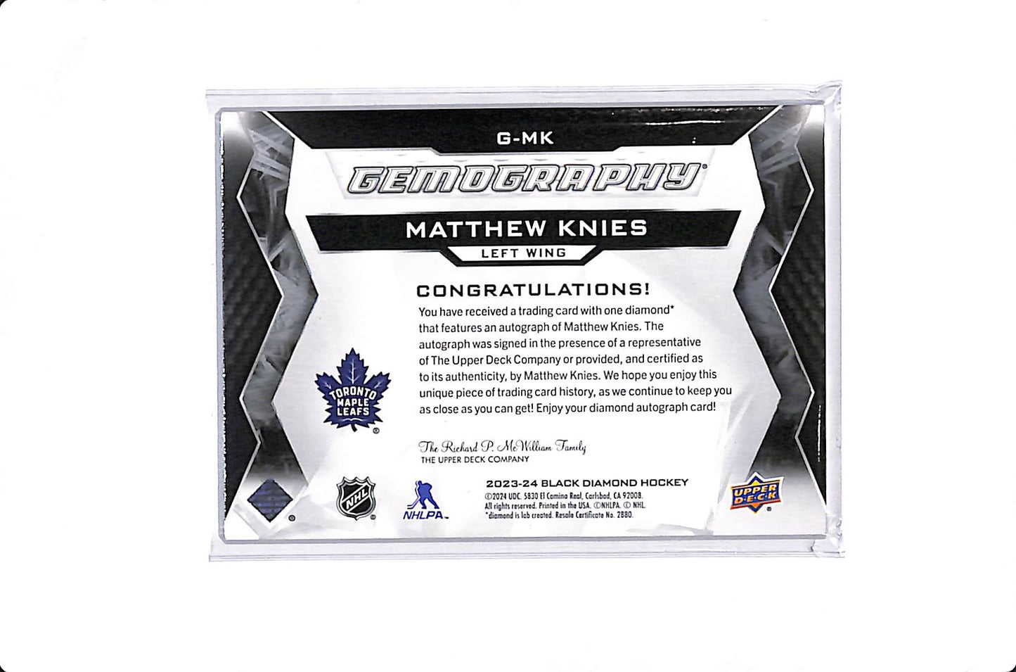 2023-24 UPPER DECK BLACK DIAMOND MATTHEW KNIES GEMOGRAPHY ROOKIE AUTO /25 #G-MK