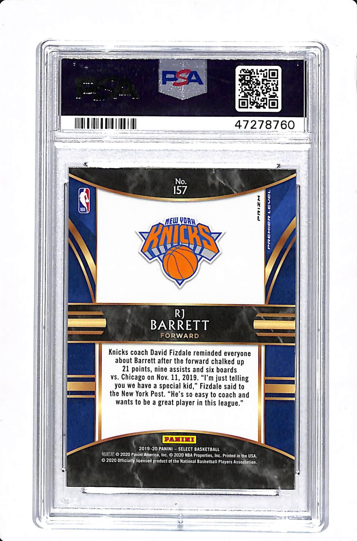2019 PANINI SELECT RJ BARRETT TRI-COLOR PRIZM PREMIER LEVEL PSA 10 #157