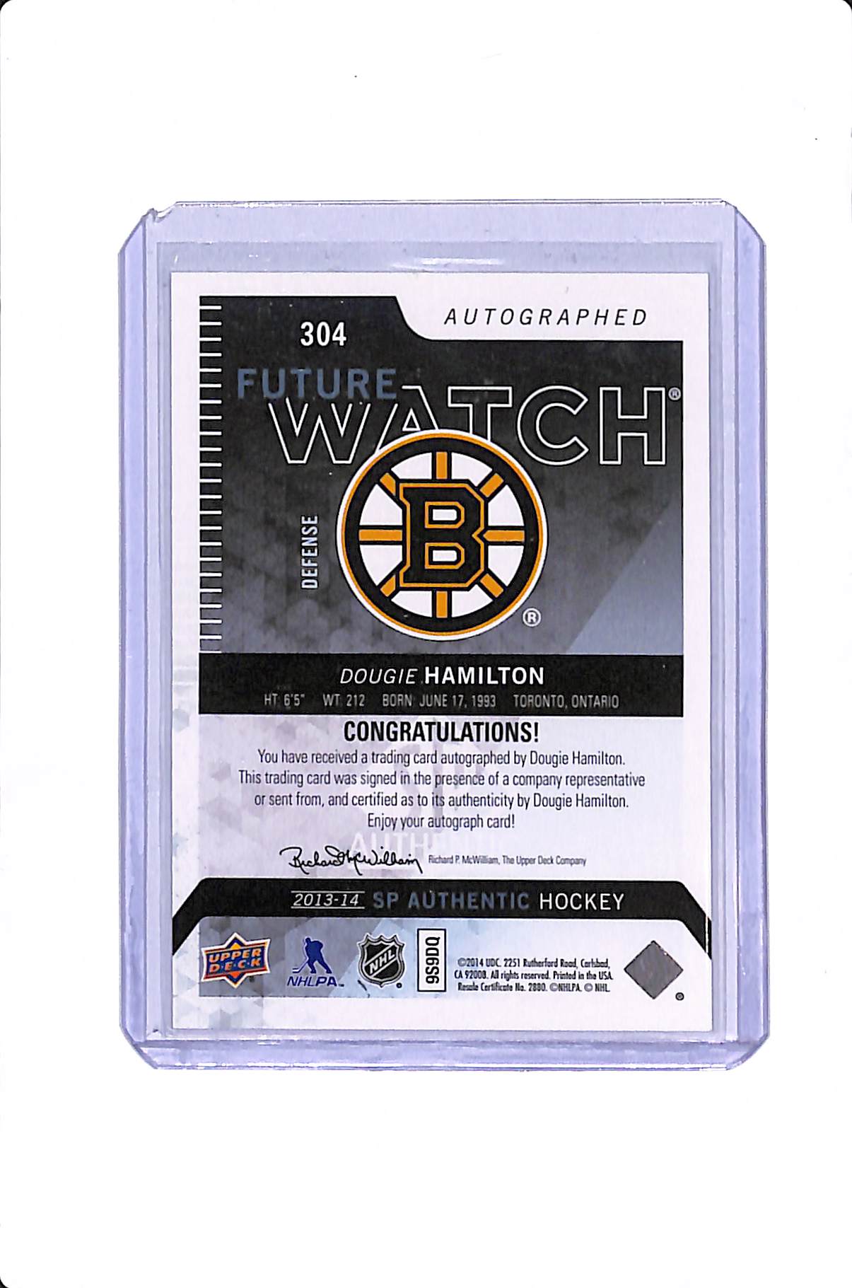 2013-14 UPPER DECK SP AUTHENTIC DOUGIE HAMILTON FUTURE WATCH AUTO /999 #304