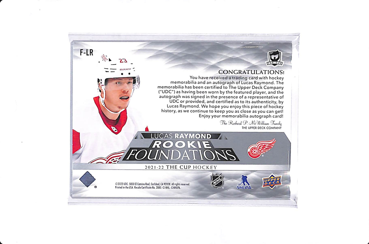 2021-22 UPPER DECK THE CUP LUCAS RAYMOND ROOKIE FOUNDATIONS JERSEY AUTO /15 #F-LR