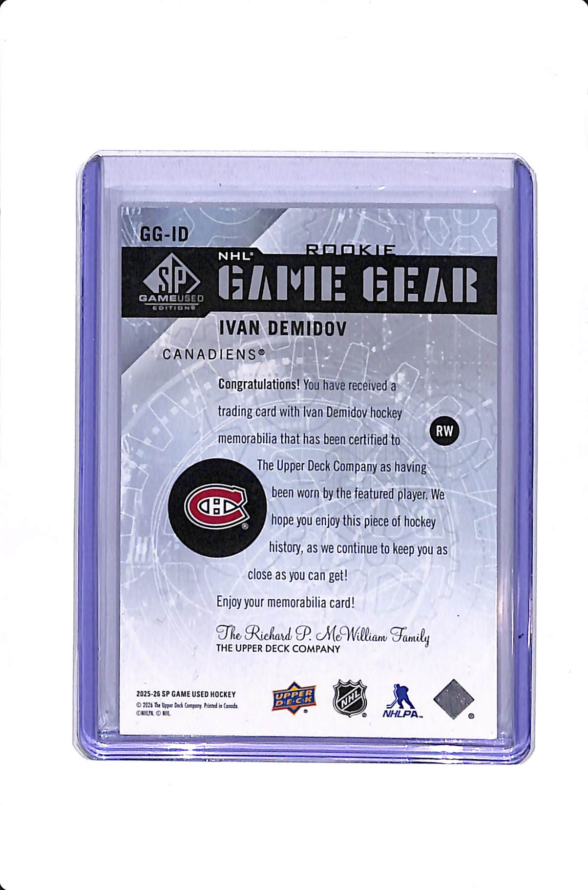 2025-26 UPPER DECK SP GAME USED IVAN DEMIDOV ROOKIE GAME GEAR /100 #GG-ID